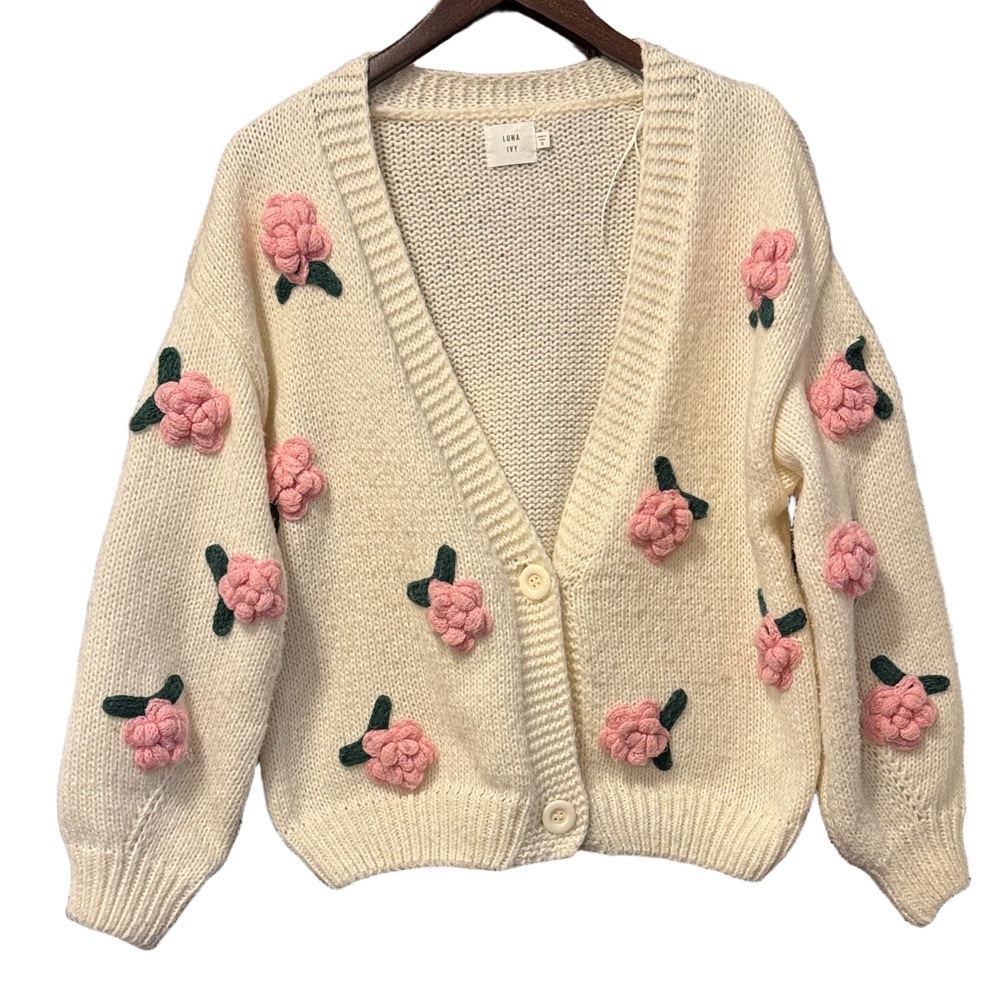 Luna Ivy Elegant 3D Cream Cardigan Sweater with Pink Floral Details Size S - Picture 2 of 3